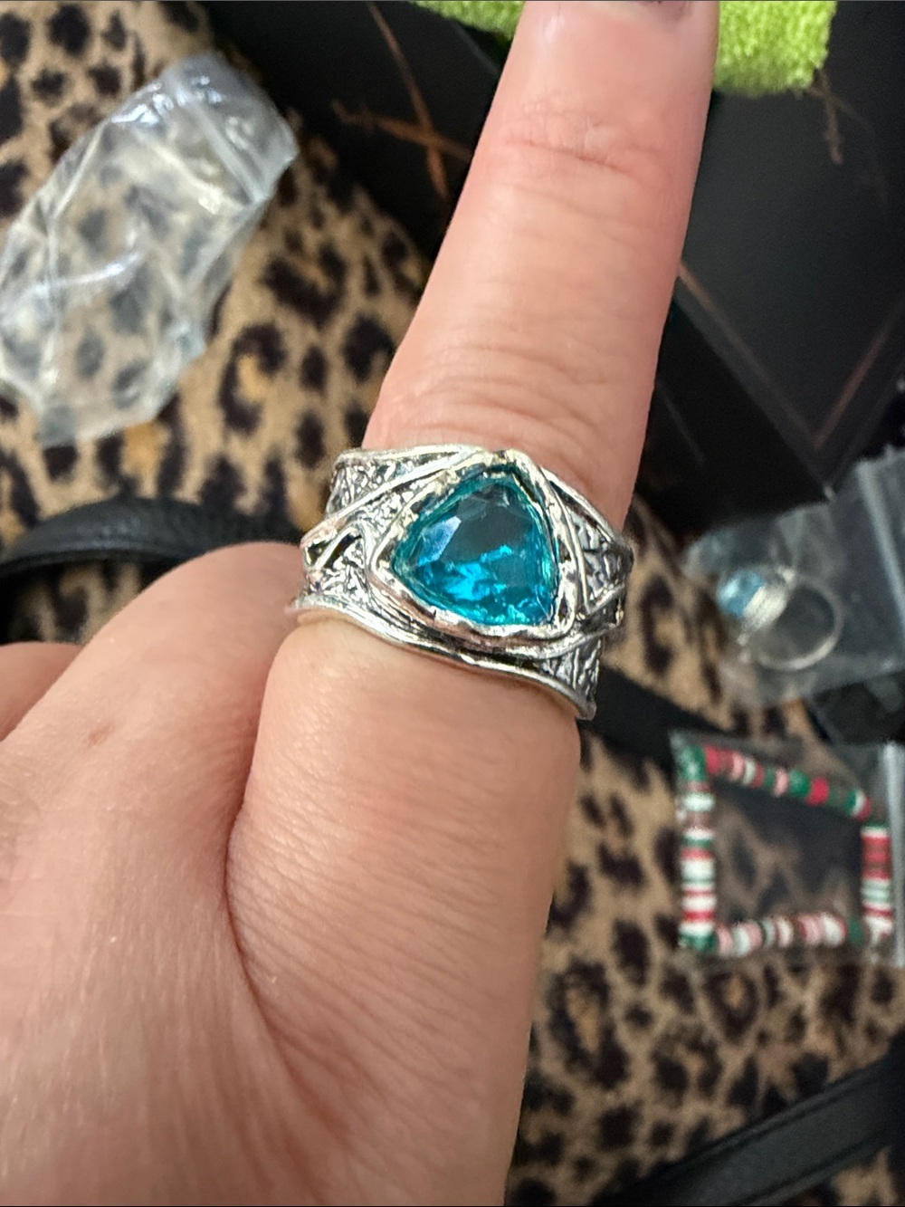 Sterling-Style Silver Ring with Teal Blue Teardrop Gem